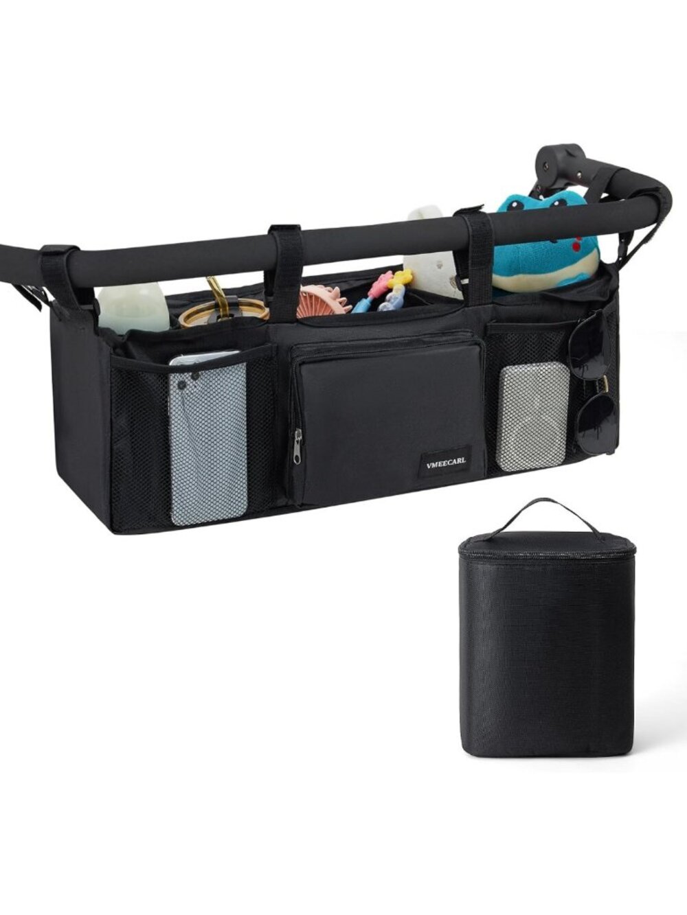 Double Stroller Organizer with Insulated Cup Holders & Large Storage Console
